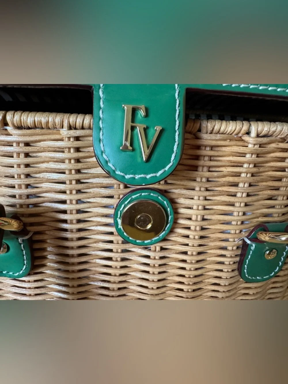 Frances Valentine Willow Wicker Basket Satchel Bag Natural and Green - Picture 10 of 11